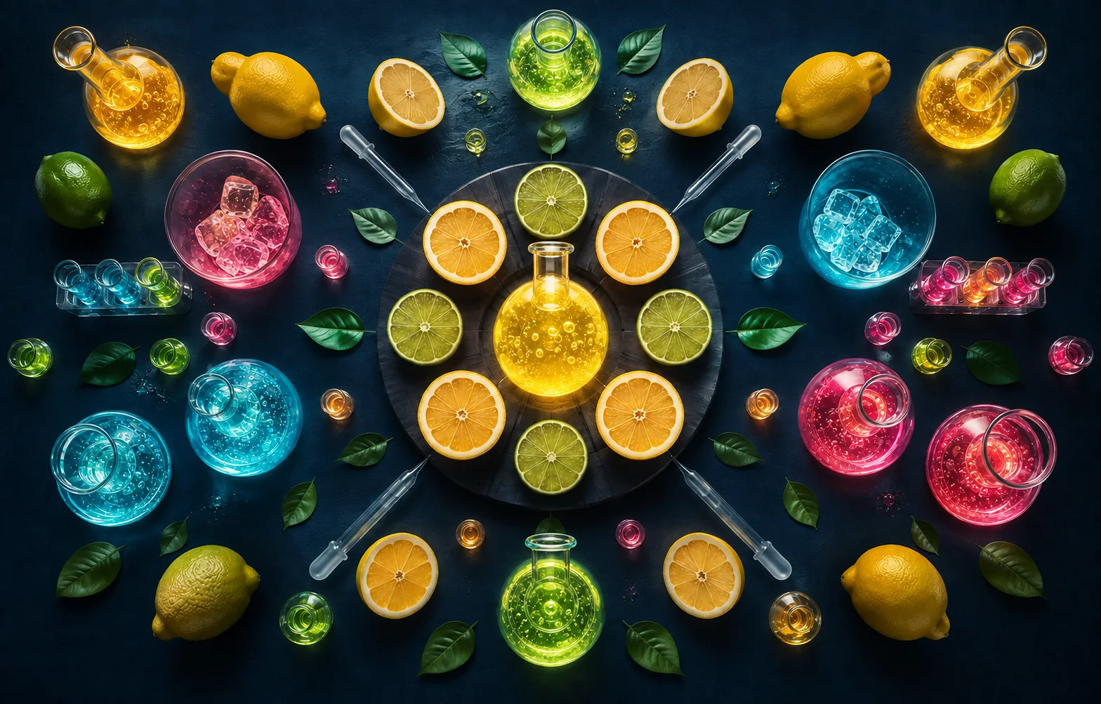 Conceptual citrus laboratory artwork glowing with colorful flavor experiments